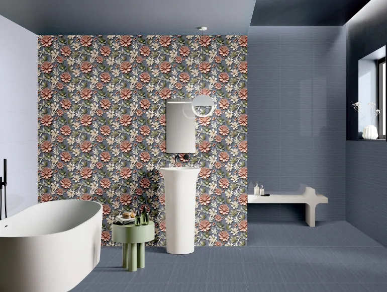 Brushed grey tiles in a bathroom design with a sink, bathtub and small window